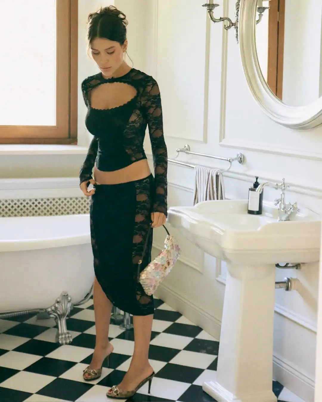 Cryptographic Sweet Female Clothing Fashion Long Sleeve Hollow Top Maxi Skirt Set Fantasy Floral Lace Slim Youth Girls' Outfit