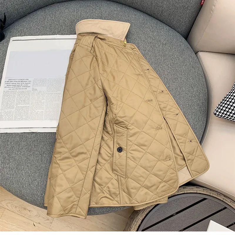 여성용 영국 스타일 파카, 마름모 코튼 싱글 브레스트 라펠 재킷, 레트로 슬림 커프 코트, 단색 겨울 아웃웨어