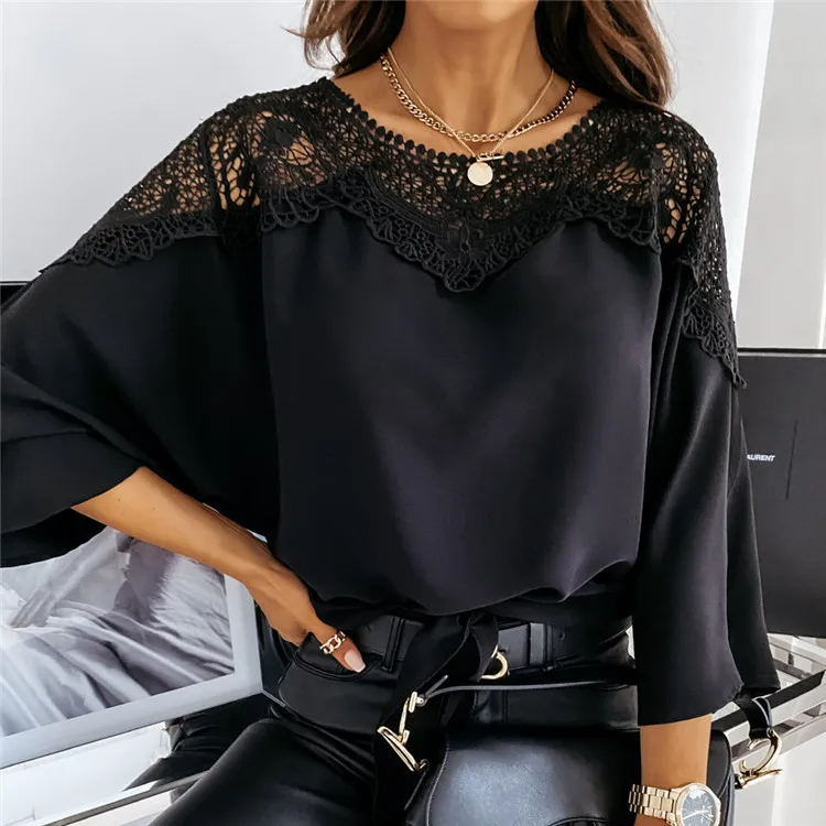 New Women\'s Shirt Fashion Loose Chiffon Bat Long Sleeve Splice Lace Solid Lace Hollow Out Shirt Elegant