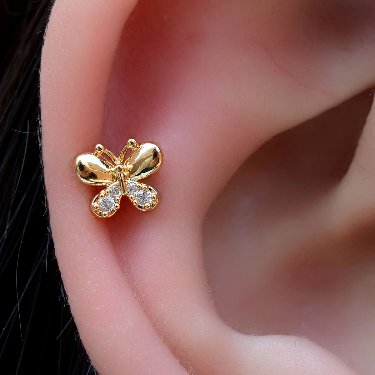 1 Stück 20G Winziger Kristall-Schmetterling Knorpel-Ohrstecker aus Edelstahl mit Zirkonia für Conch, Rook, Tragus, Damen Flachpiercing-Schmuck – Detail 16