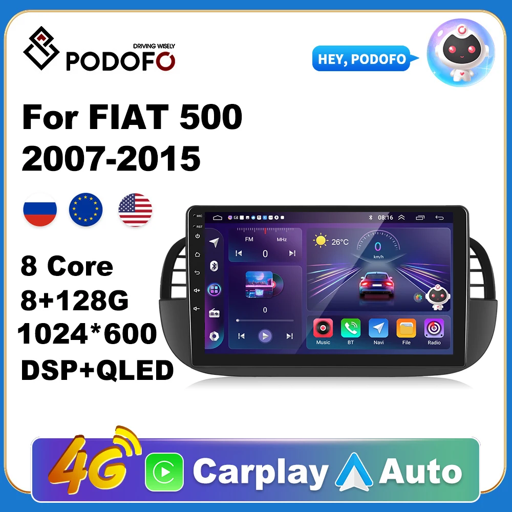 

Podofo Wireless CarPlay Andorid Auto Car Radio For FIAT 500 2007-2015 AI Voice Multimedia GPS 2din autoradio