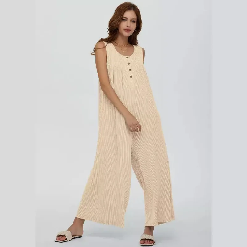 2024 New Pocket Jumpsuit Summer Women's European and American Style Small Fresh Casual Loose Women's Clothing