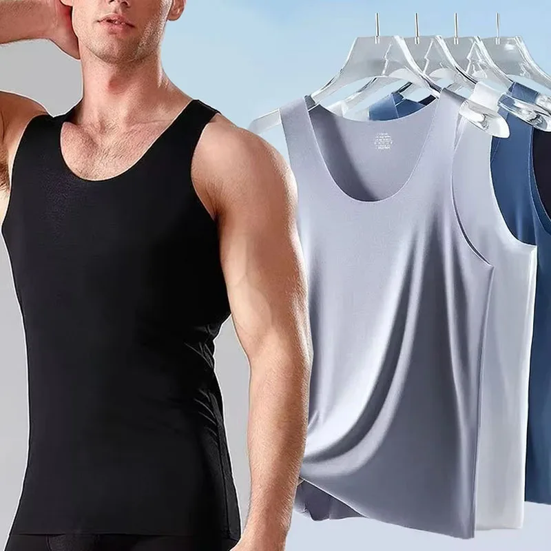 Waistcoat Men Ice Silk Seamless Wear Undershirt Men Sleeveless Underwear Black White Grey Sports Hurdles Summer Thin Base Shirt