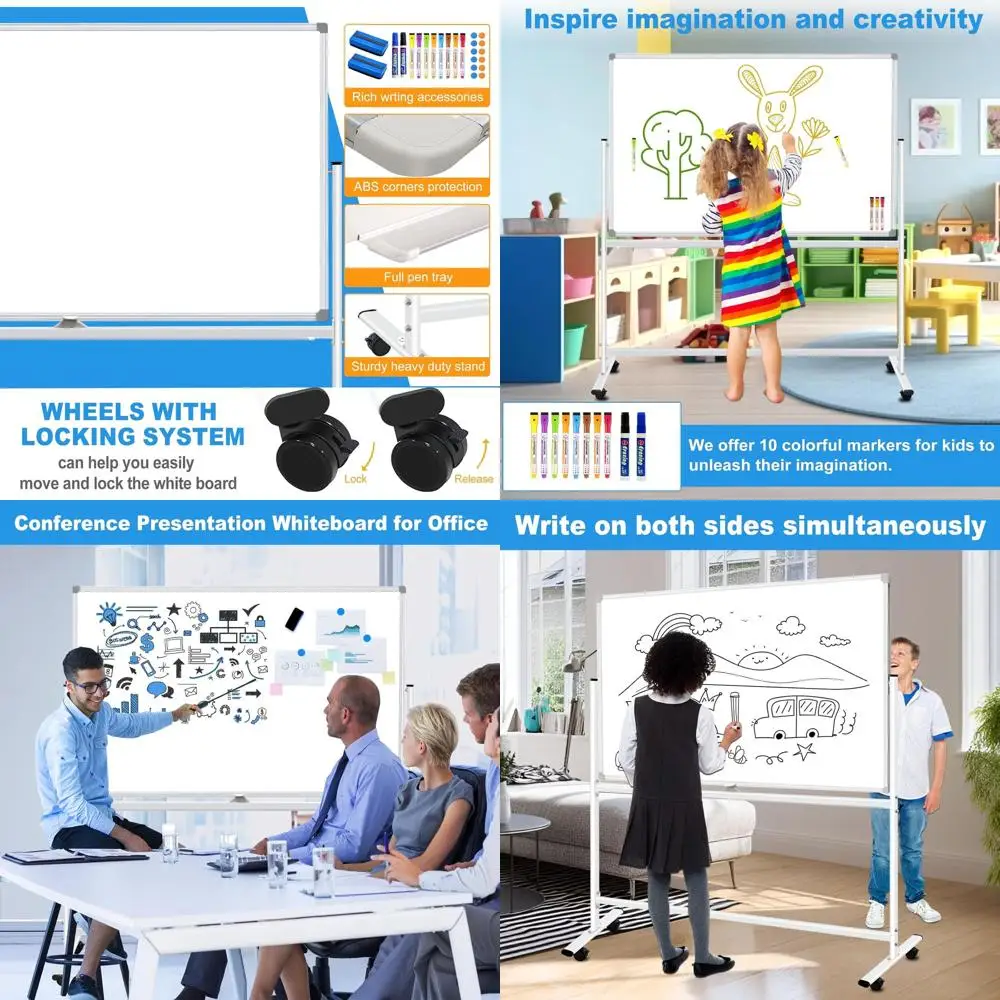 سبورة بيضاء مغناطيسية متنقلة، لوحة مسح جافة مزدوجة الجوانب مقاس 36 × 24 مع حامل، سبورة بيضاء دوارة للأطفال والكبار، تتضمن مسحين