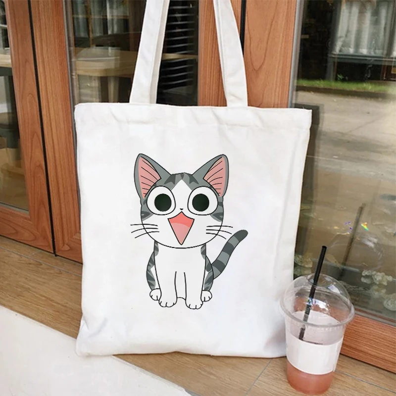 Cute Cat Printed Canvas Tote Bag Student Shopping Bag Women Handbags Fashion Graphic Casual Handbag Side Shoulder Bag for Ladies