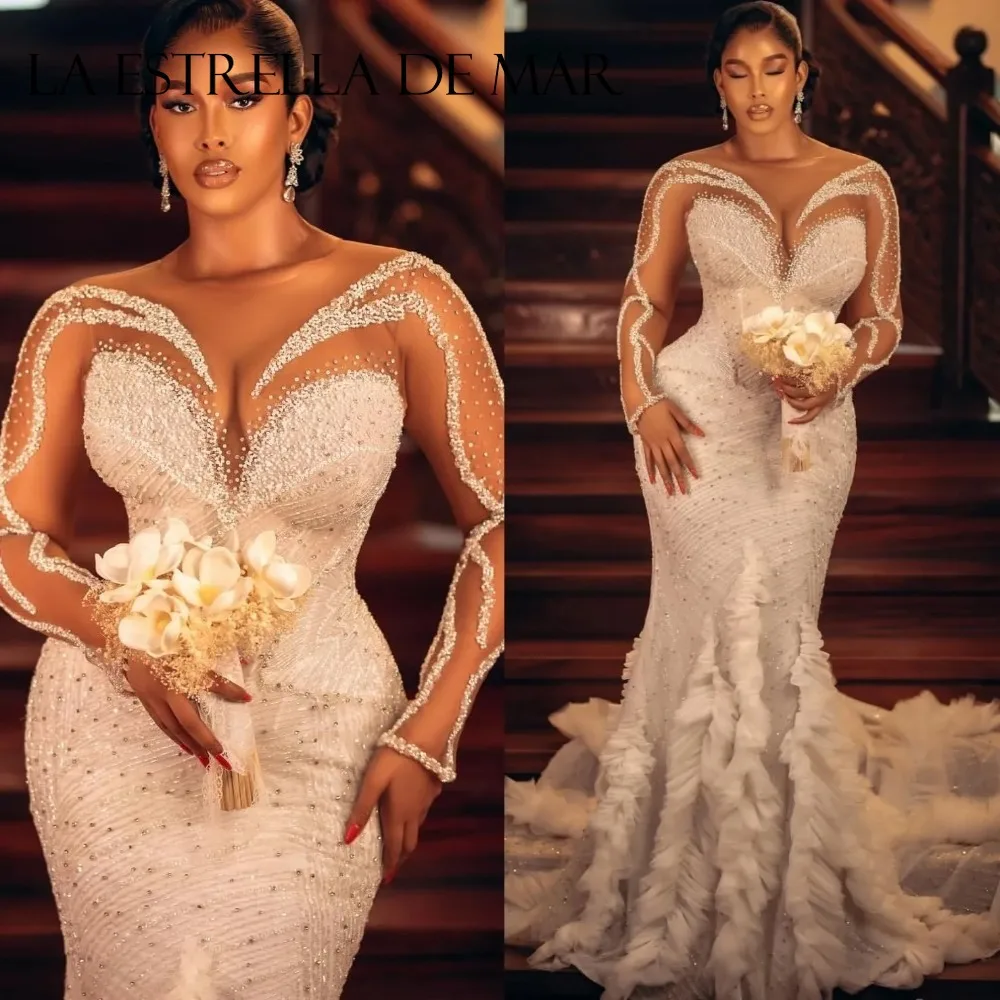 Sexy Mermaid Wedding Dresses Beaded Crystals Full Sleeves Sheer Neck Sequined Bridal Gowns Arabic Vestido De Novia Customized
