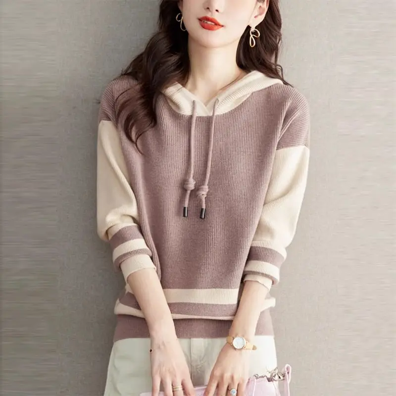 Hooded Contrasting Colors Sweater Women Autumn Winter Simplicity Loose Knitwear Office Lady All-match Fashion Knitting Tops