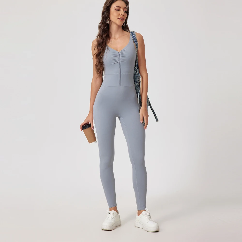 

Fashion Folds Zipper Sport Bodycon Jumpsuits Women One Pieces Yoga Outfit Sleeveless Backless Gym Fitness Overalls Sexy Monkeys