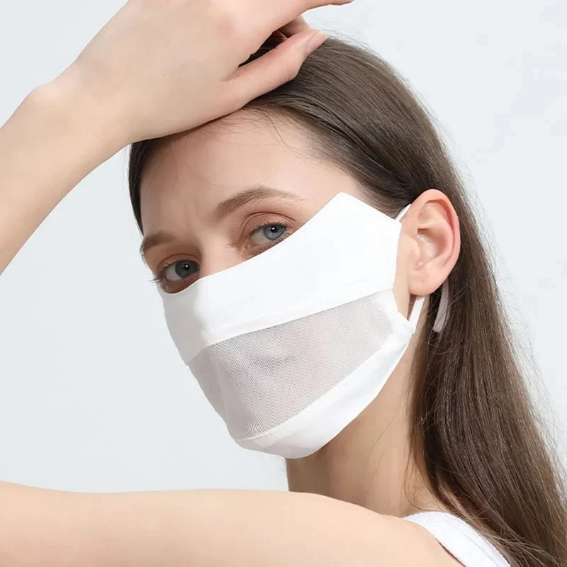 Women Ice Silk Mask Thin Breathable Mesh Face Cover Summer Outdoor Sunscreen Mask Adjustable Anti-UV Cycling Running Sport Mask