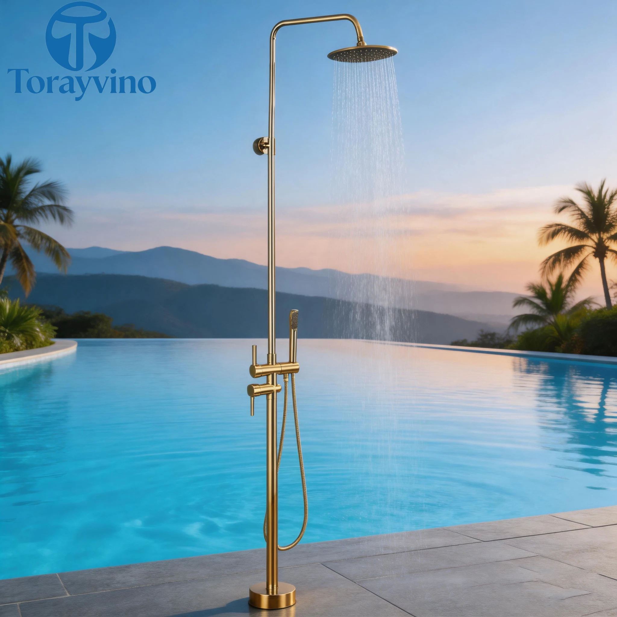 Torayvino Outdoor Shower Column Luxury Garden Beach Large Wall Nozzle Swimming Pool Floor standing Two Rain Shower System Set