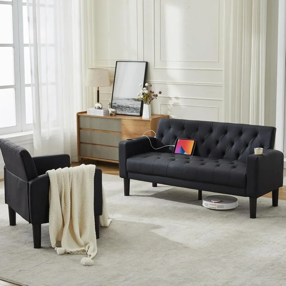 

Современные секционные диваны середины века, состоящие из 2 предметов, тафтинговый черный кожаный диван USB с двумя подстаканниками и одинарными креслами