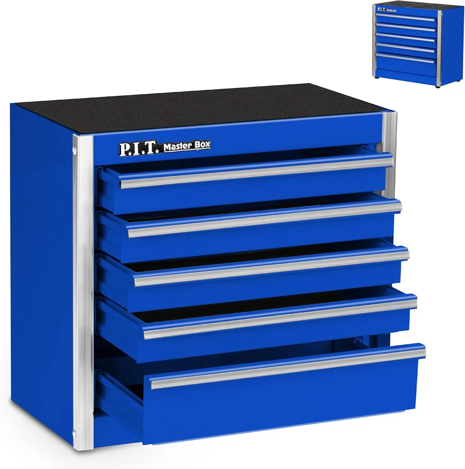 

P.I.T. Mini Blue Tool Box, Portable 5-Drawer Micro Roll Cab Steel Stackable Tool Box with Liner, Blue Small Tool Case for Tools