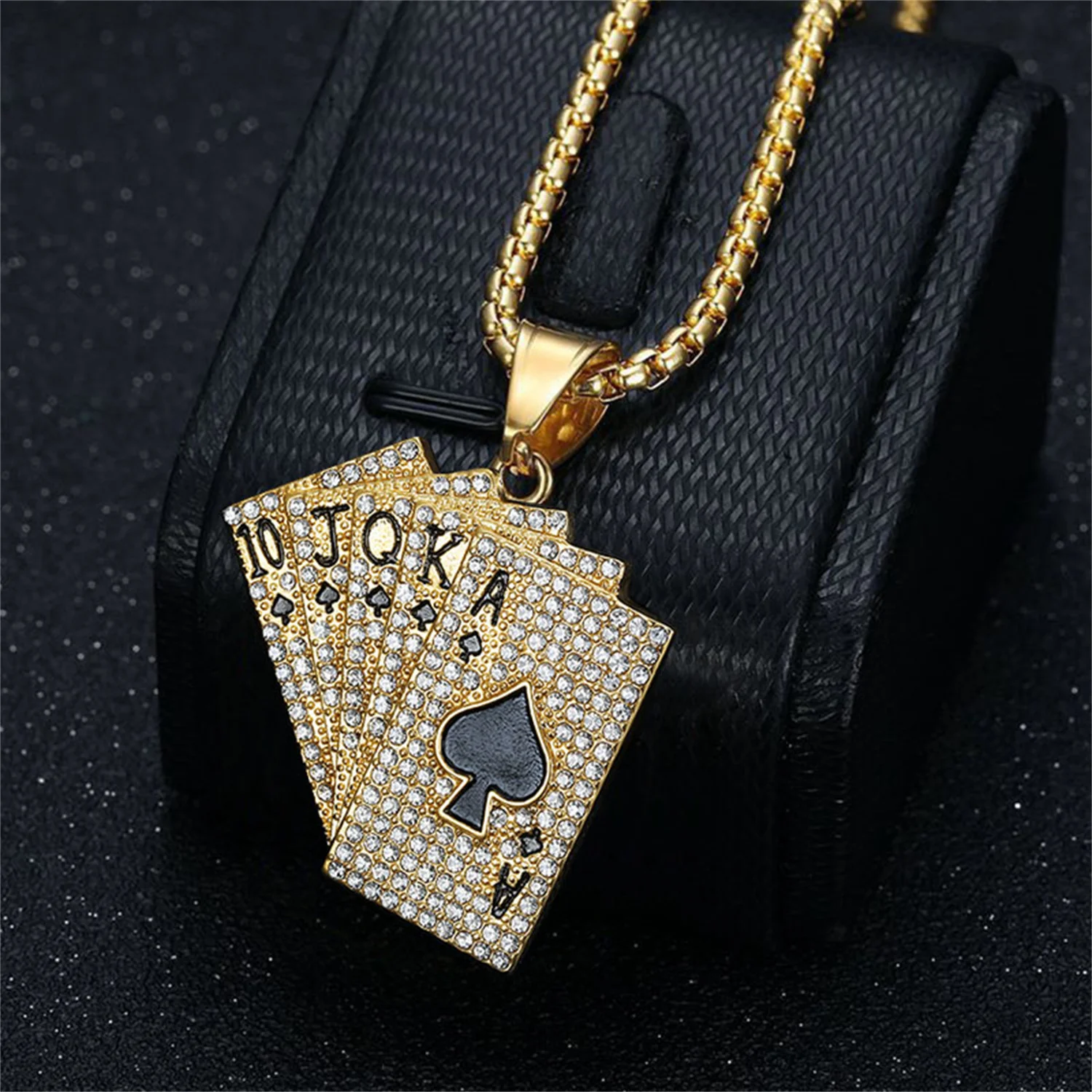 Hip Hop Iced Out Poker Straight Flush Pendant Dropshipping Gold Color Stainless Steel Playing Card Necklace for Men Jewelry Gift