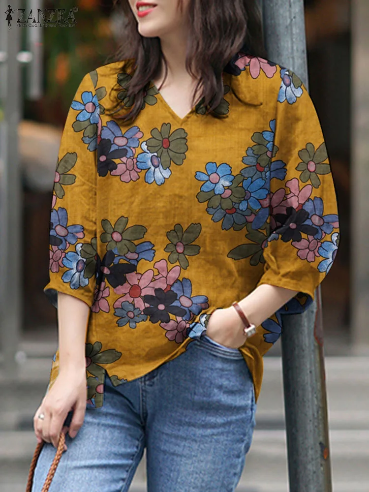 2024 ZANZEA Summer Blouse Vintage Casual V Neck 3/4 Sleeve Loose Tunic Tops Female Holiday Blusas Bohemian Floral Printed Shirt