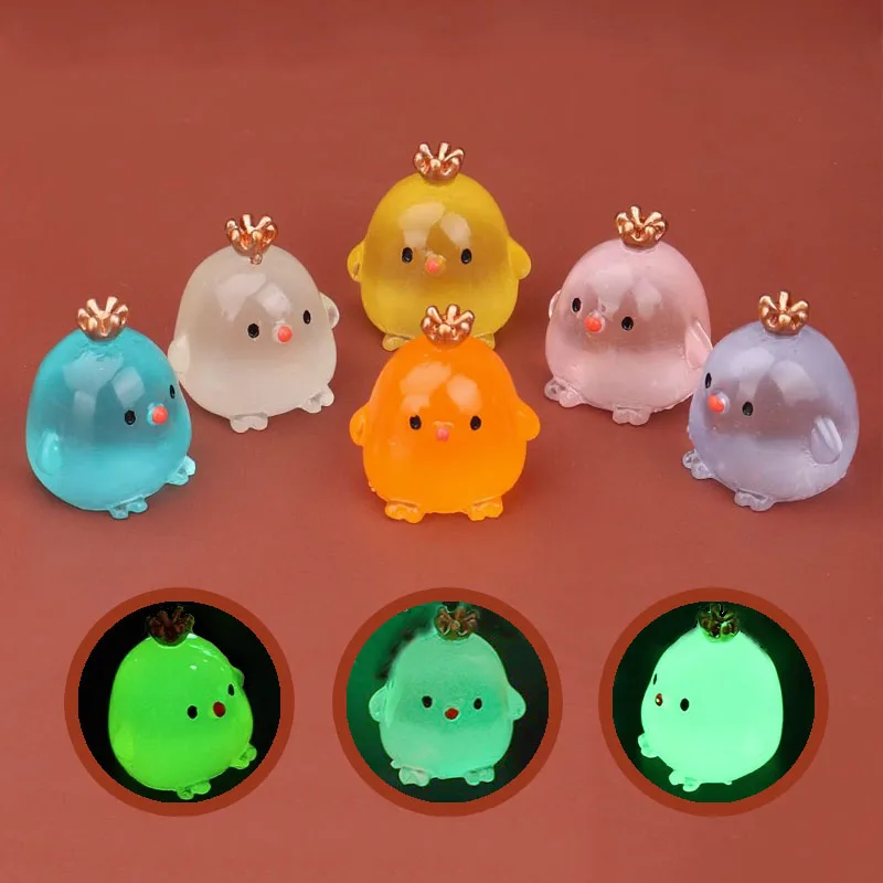 6/12Pcs Luminous Crown Chick Figurine Room Decor Resin Home and Decoration Glowing Miniature Micro Landscape Ledge Duck Elf Gift