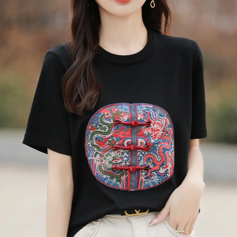 Summer New Ice Silk Loose Short-Sleeved National Style Buckle Chinese T-Shirt Embroidered Round Neck Slim Top