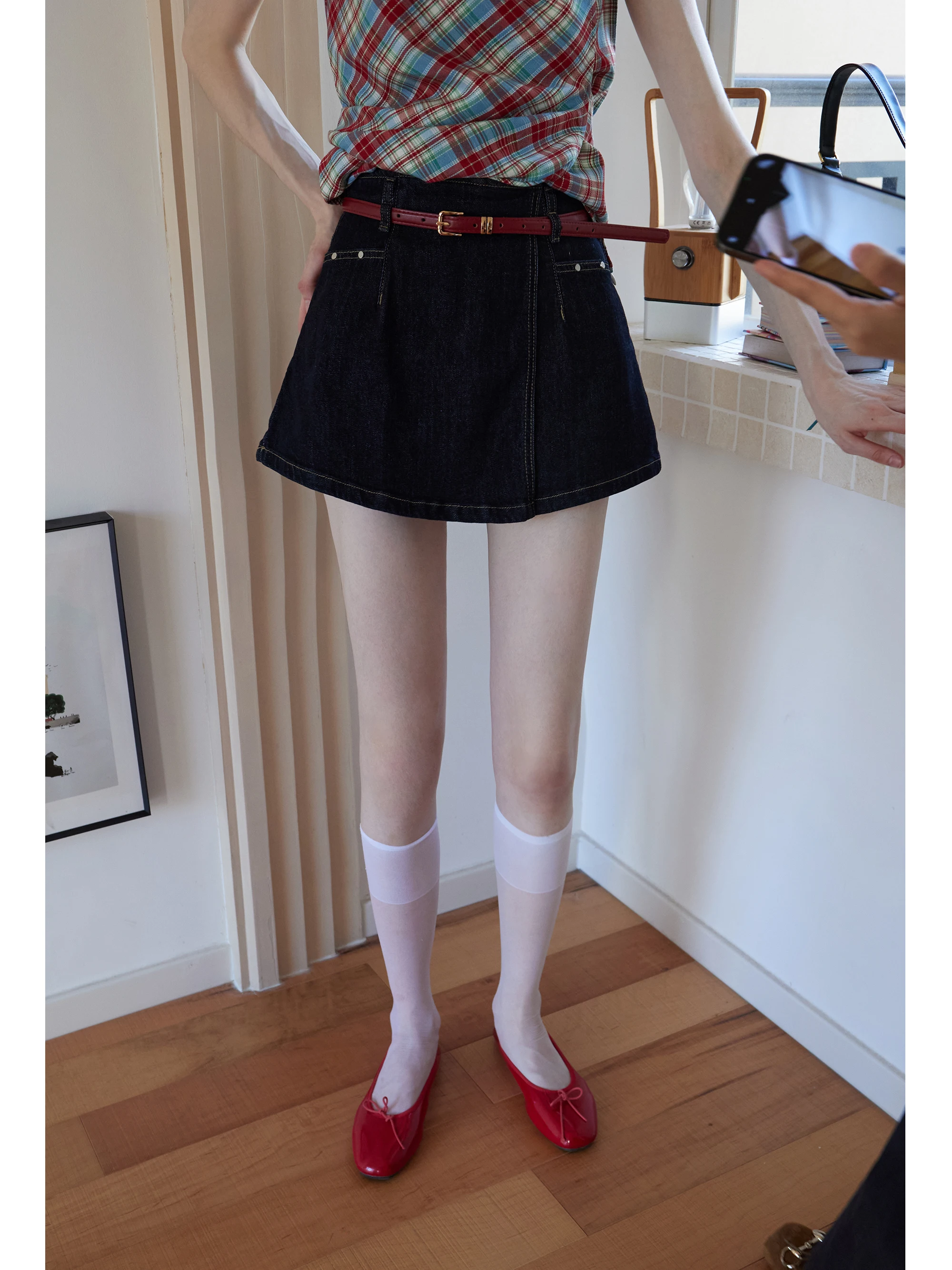 

EGGKA Джинсовая юбка трапециевидной формы с высокой талией, повседневная универсальная летняя юбка для поездок на работу, женская модная утягивающая искусственная двухсекционная юбка