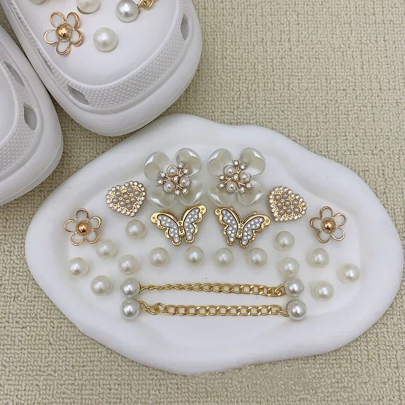 Fashion Diamond Butterfly Pearl Flower Shoes Charms Set Creative DIY 3D Shoe Flower Detachable Chain buckle Girl Shoe Decoration