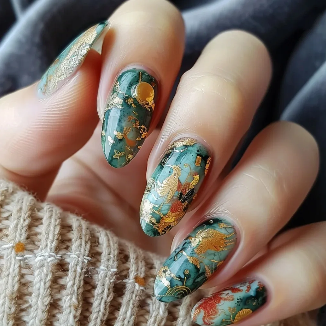 24Pcs Green Marble Press on Nails Foil Phoenix Koi Fish Print Glossy False Nail  Medium Almond Fake Nail for Women&Girl