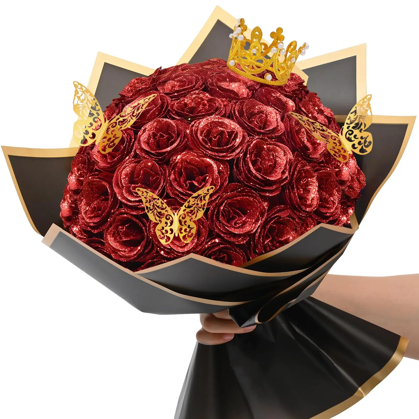 

Glitter Shiny Roses Artificial Flowers Bouquet 24Pcs DIY Fake Flower Gifts Idea for Birthday Valentine's Day Anniversary Wedding