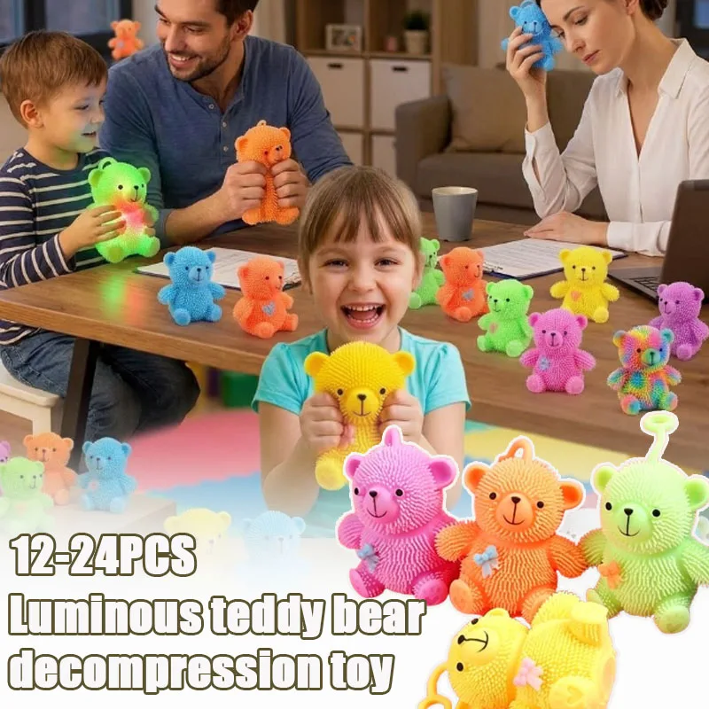 12-24PCS Squeeze Toy Glow Bear Fuzzy Elastic Stress Relief Ball Bow Design Squishy Toy for Kids Adults Home Office Party Gift