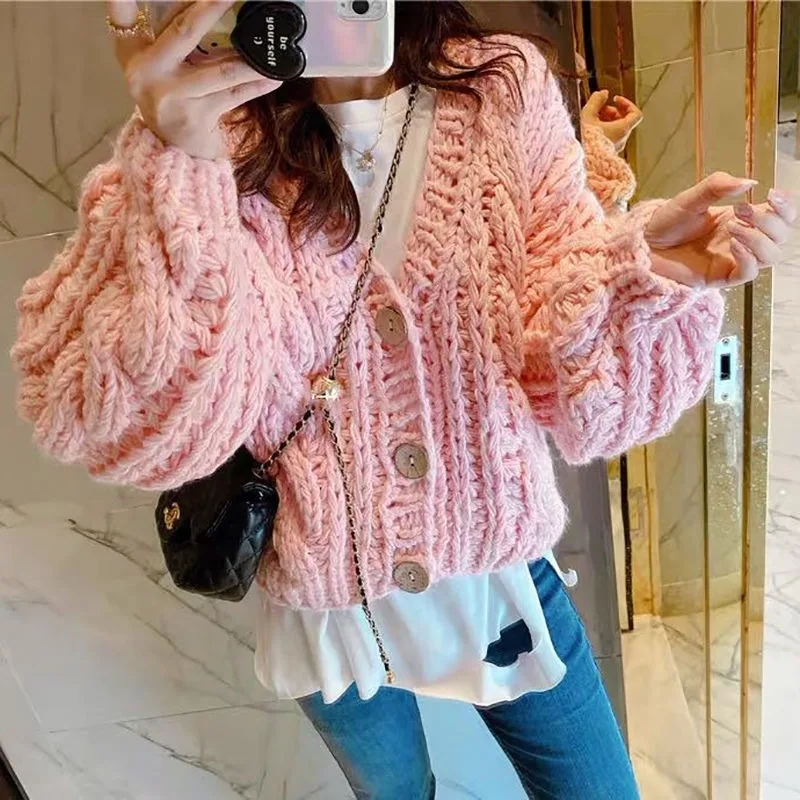 Chic Coarse Yarn Knitted Cardigan Women Sweet Young Fashion All-match Coats Girls Loose Leisure Solid Simple Soft Overcoats Ins