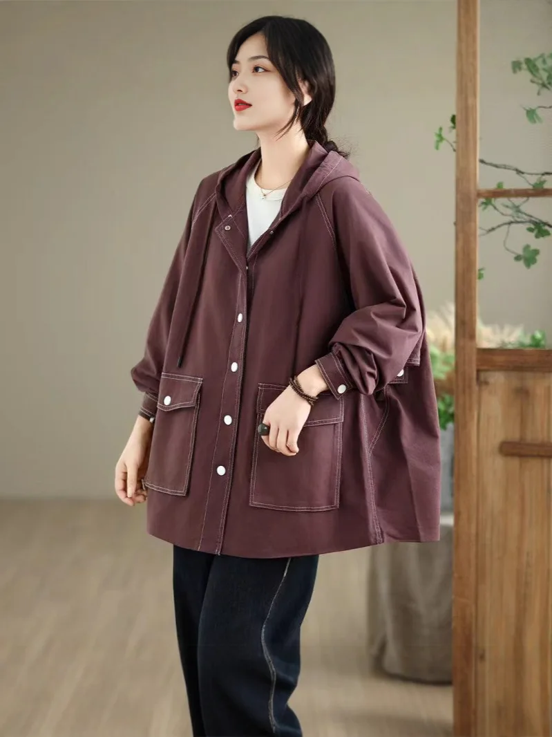 

Autumn Women's Coat Windbreaker Fashionable Versatile Hooded Coat Loose Casual Korean College Style Long Sleeved Top 2025 New