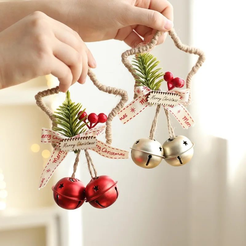 1PCS Christmas Party & Festival DIY Decor Christmas Hanging Ornament Bell Metal Rope‑wrapped Star Bell Charm Artificial Berry