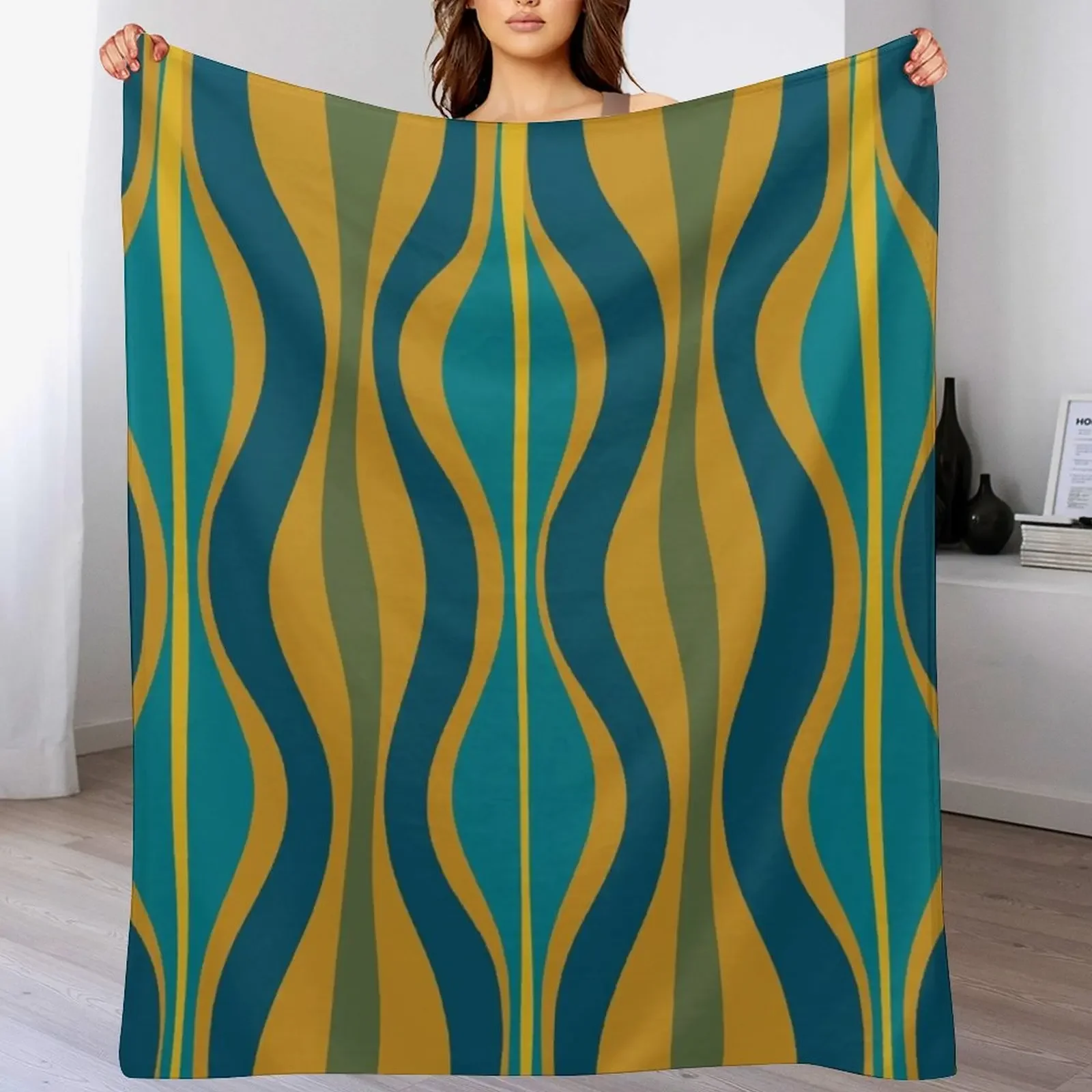 

Hourglass Mid-Century Modern Abstract Retro Pattern in Moroccan Blue, Green, Teal, and Mustard Throw Blanket
