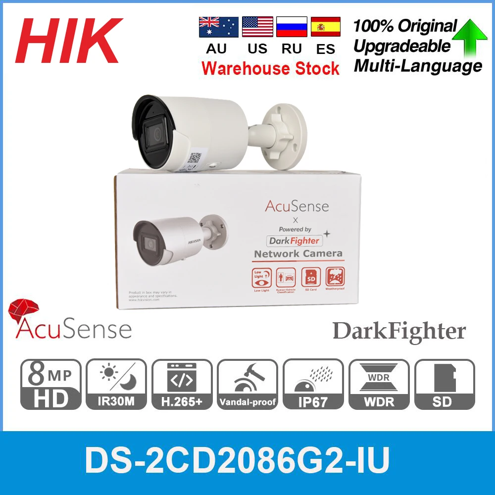 Hikvision IP Camera 8MP DS-2CD2086G2-IU POE 4K Acusense CCTV Bullet Human and Vehicle Targets Classification Built-in Microphone