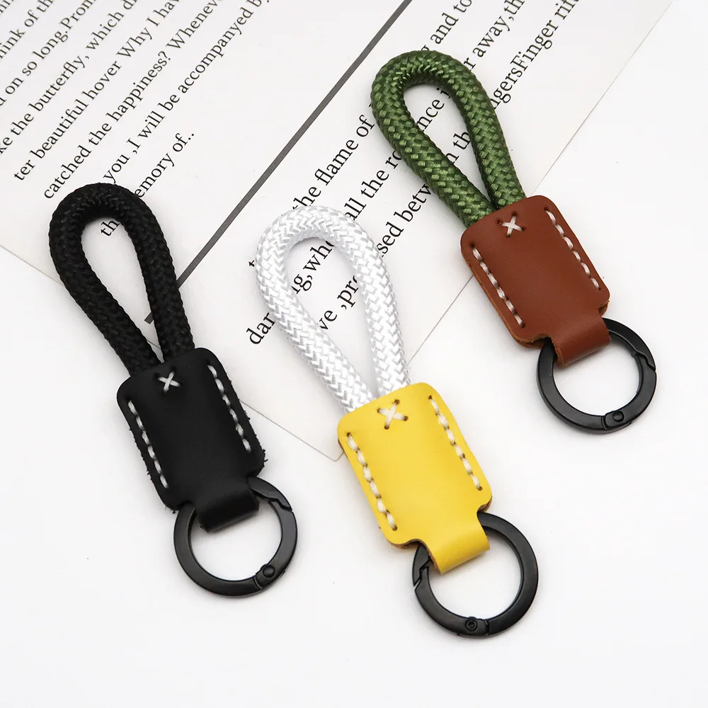 Handmade Cowhide Keychain with Woven Rope, Creative Gift