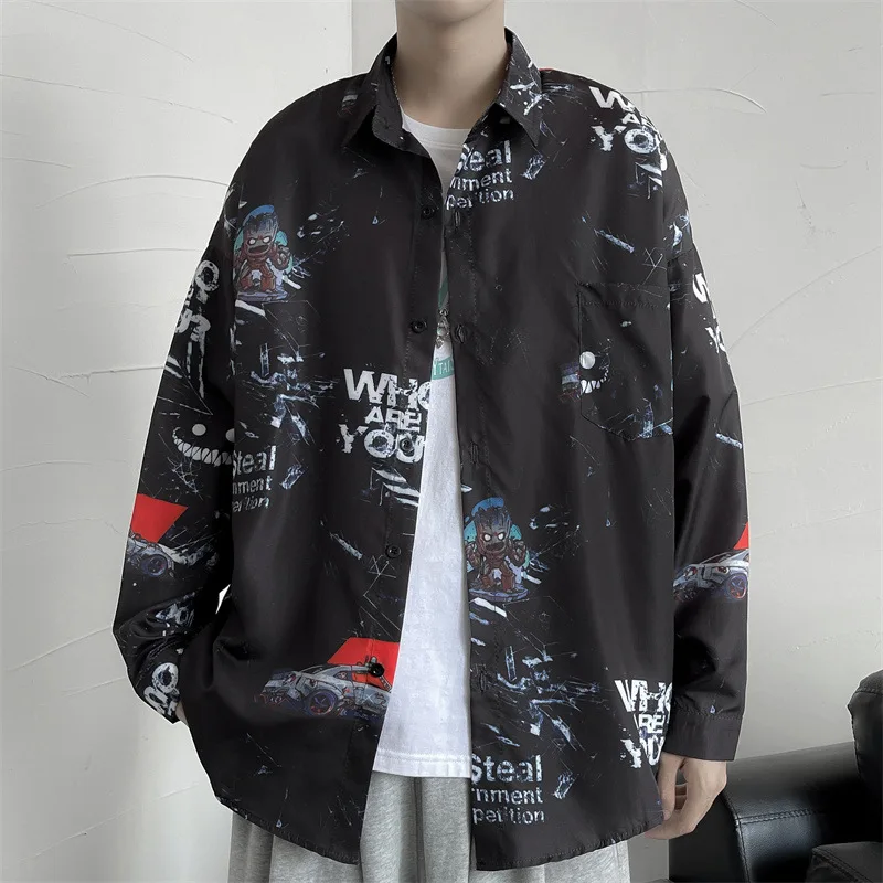 

Новинка, винтажная рубашка в гонконгском стиле с цветочным принтом, воротником с отворотом, Мужская Весенняя рубашка с длинным рукавом и цветочным принтом на Гаваи, Свободные повседневные универсальные Топы