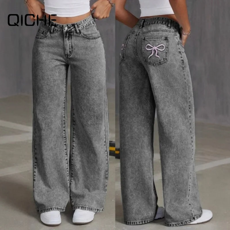 QICHE 2026 Women American Sweet‑Spicy Style Washed Jeans Bow Embroidery Retro Loose Straight‑Leg Trendy Casual Long Trousers