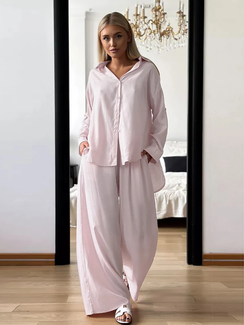 

Marthaqiqi Loose Women Nightgowns Suit Long Sleeve Nightwear Turn-Down Collar Pajama Wide Leg Pants Casual Sleepwear 2 Piece Set