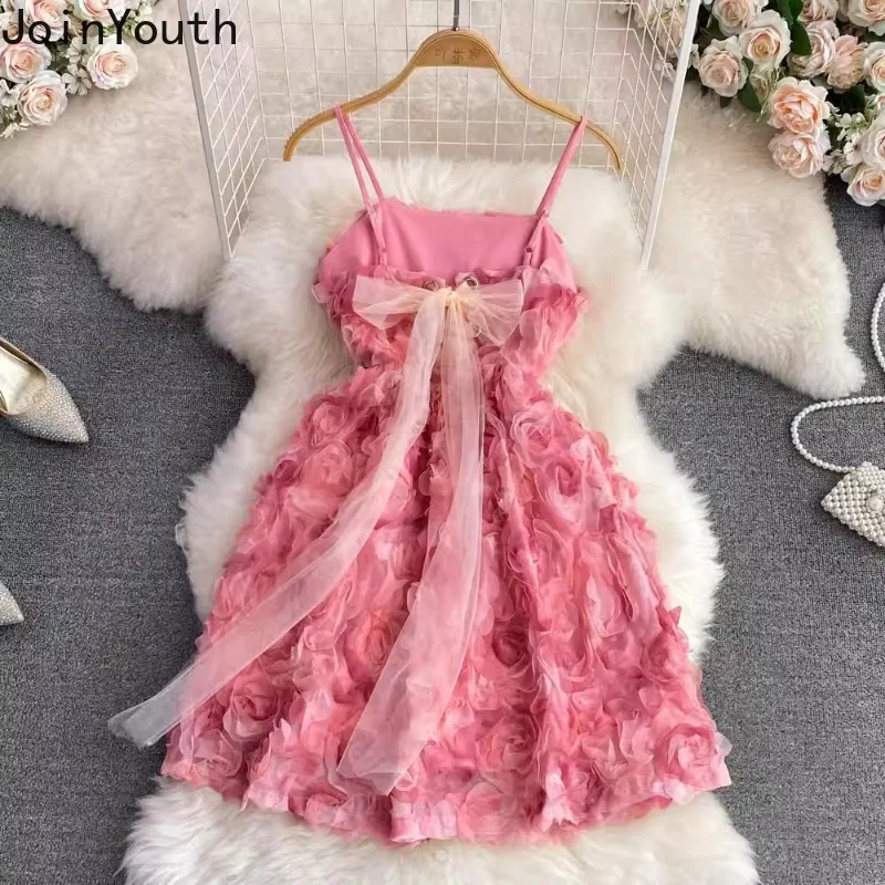 Sweet Dress for Women Temperament Sexy Sling Robe Femme 2024 Vestidos De Mujer Slim Waist 3D Floral A-line Summer Dresses 27v839