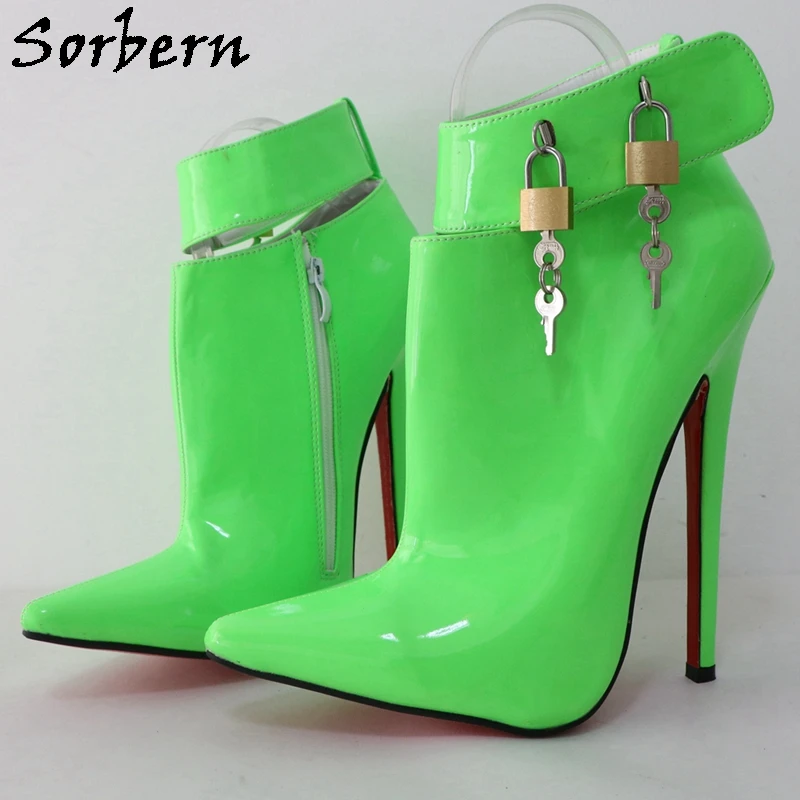 

Sorbern, свежие зеленые ботильоны, женские ботильоны с замками, туфли на высоком каблуке 18 см, короткие ботильоны на шпильке в стиле фетиш, острый носок, индивидуальный цвет