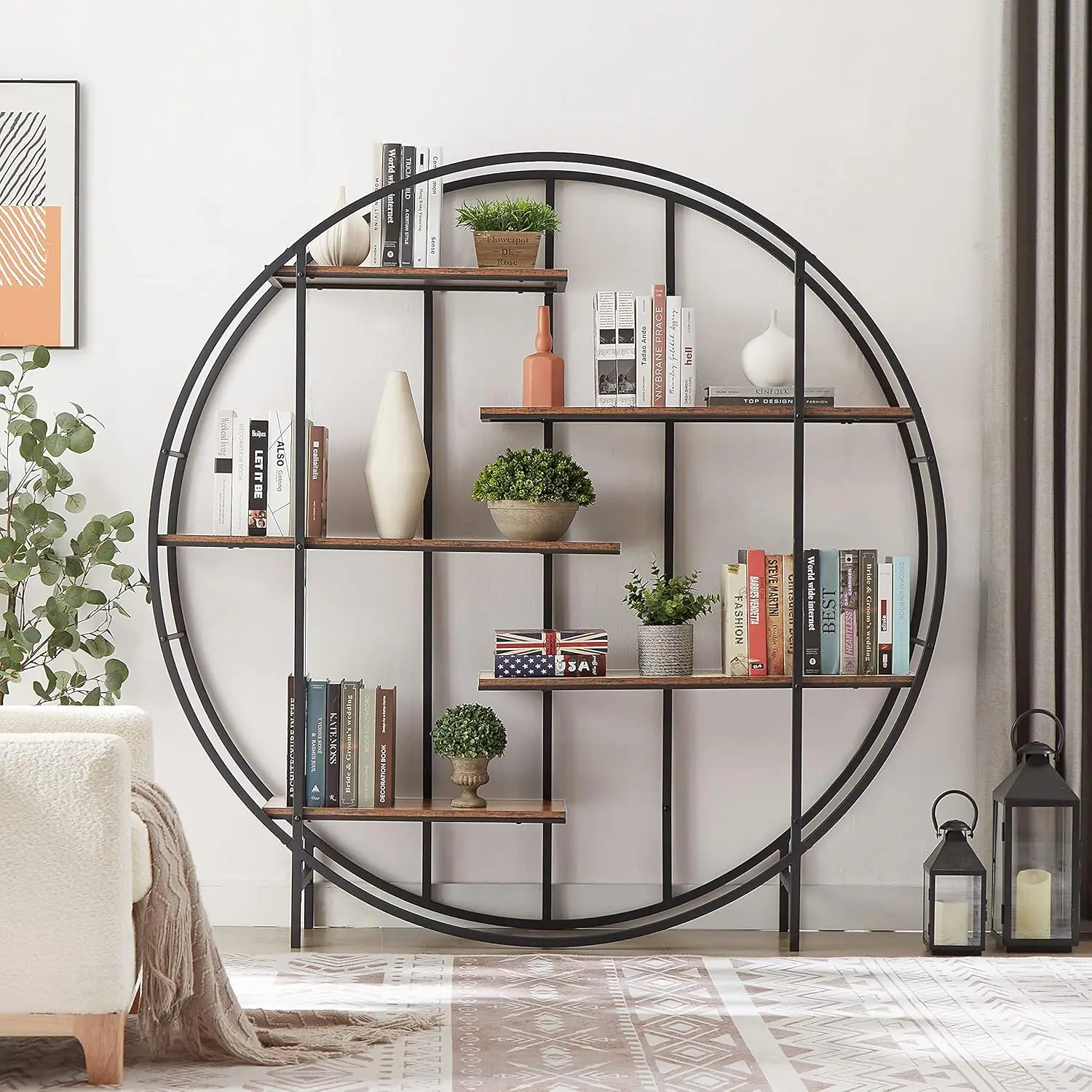 

67” Dx67” Wx11.8” H Round 5-Tier Metal bookcase storage rack, Indoor Living Room Terrace Garden Balcony Multi-Functional Plant