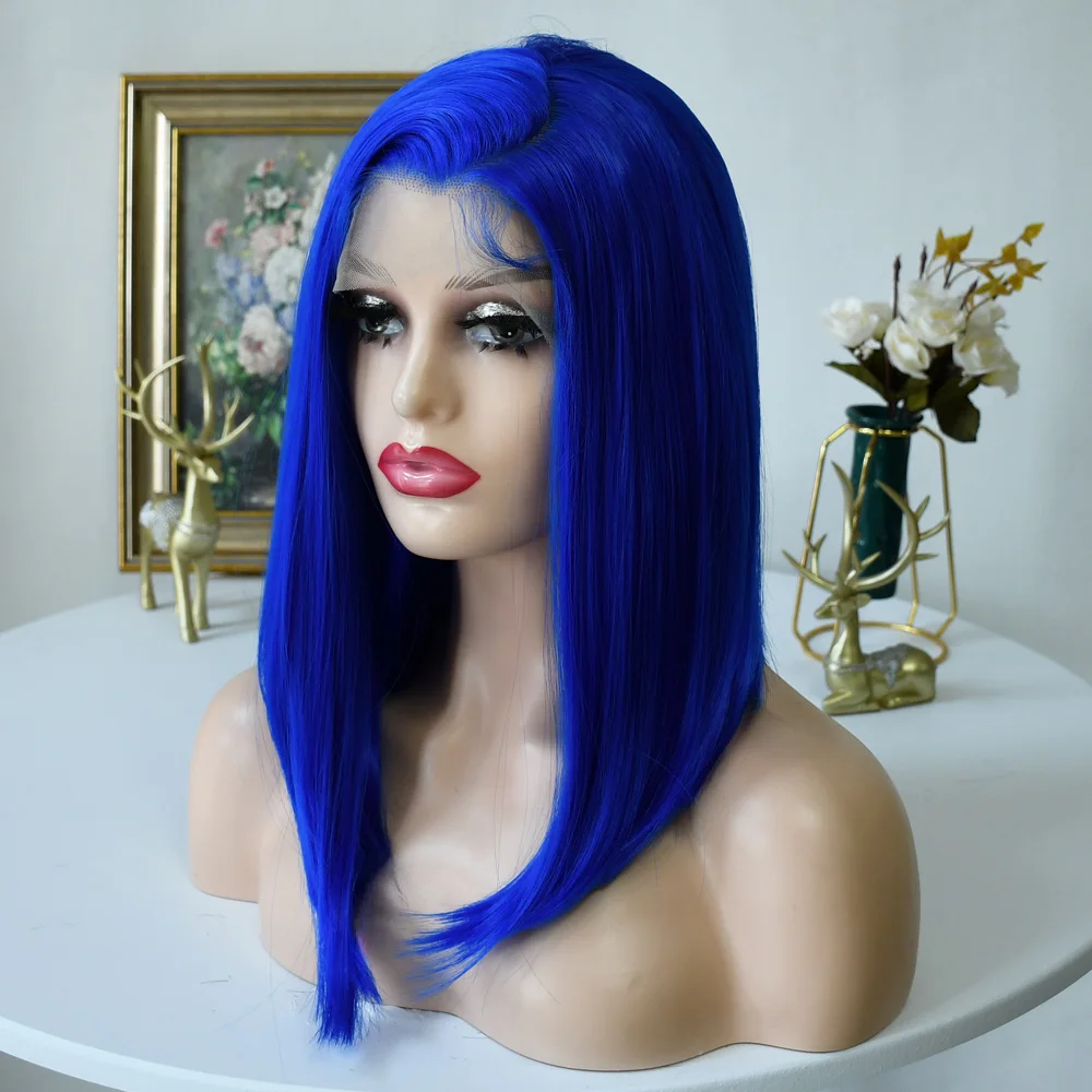 Peluca Bob corto, peluca azul, pelucas frontales de encaje transparente HD, pelucas rectas Bob, pelucas frontales de encaje 13x4 prearrancadas sintéticas para mujeres