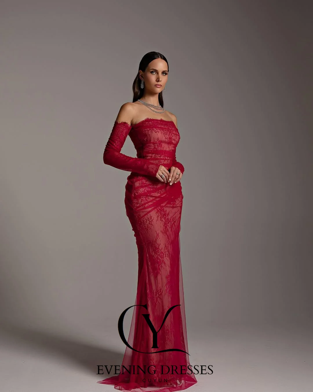 CUYUN レッドマーメイドレースイブニングドレス レディース フォーマルオケージョンガウン パーティードレス カスタムガラドレス 2025