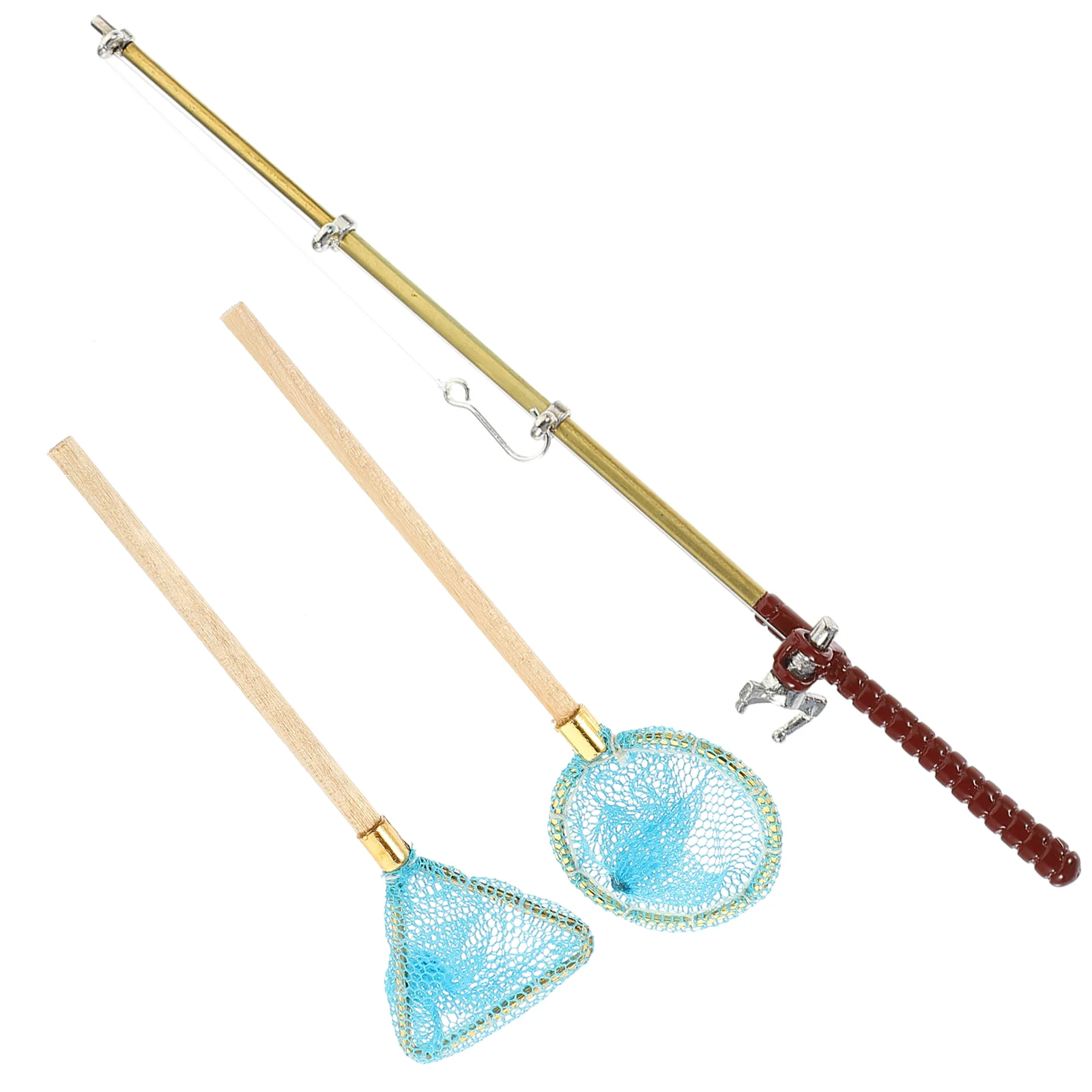 Mini Fishing Rod Toy Ornament Net Supplies Miniature Wooden Small Decor Models Decorate