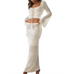 Women’s Fashion 2 Piece Summer Outfits Long Sleeve White Cross Tie-up Front Knit Crop Tops Long Skirt Set Loungewear