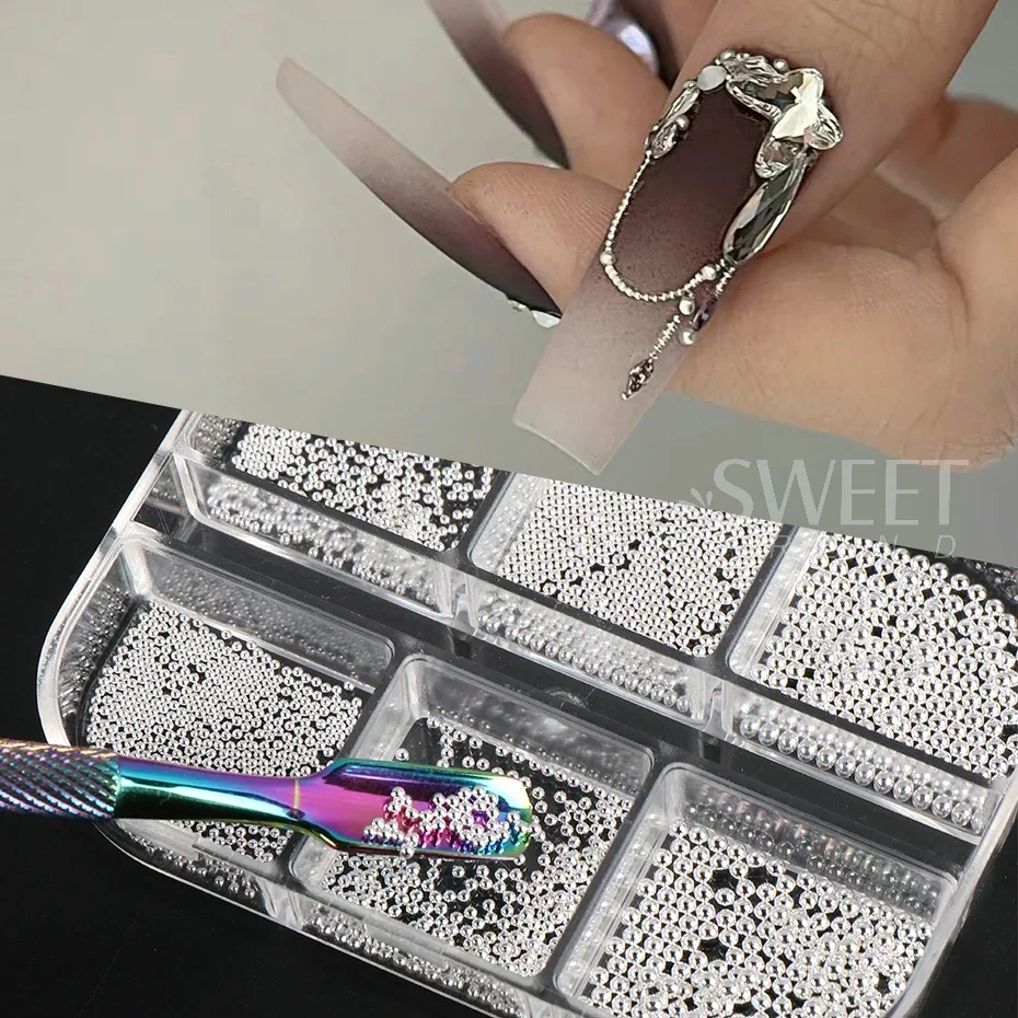 Set de 6 recipientes con cuentas mini caviar para uñas, 0.6-2mm, cuentas de acero inoxidable plateadas, accesorios DIY para decoración de manicura 4