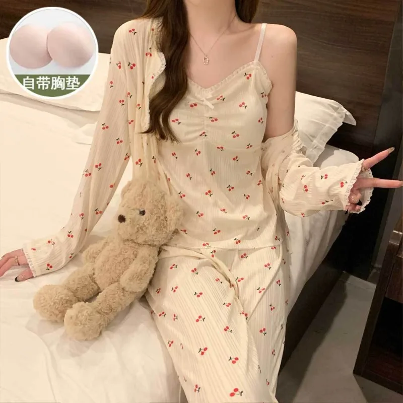 New Adult 3/PCS Pajamas, Women's Casual Long Sleeve Jacket, Camisole and Pants Set High-Quality Loungewear Nightgown for Women