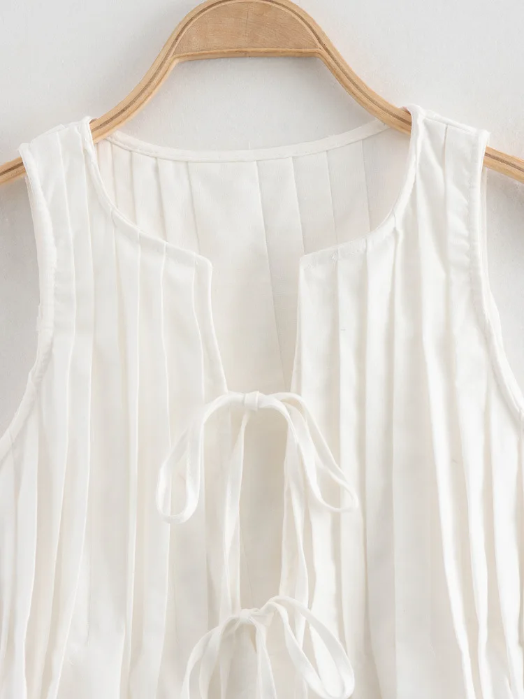 Women's Cotton Linen Blouse Lace up Hollow out Pleated Loose Fit Inner Wear Pure Color Vest Top