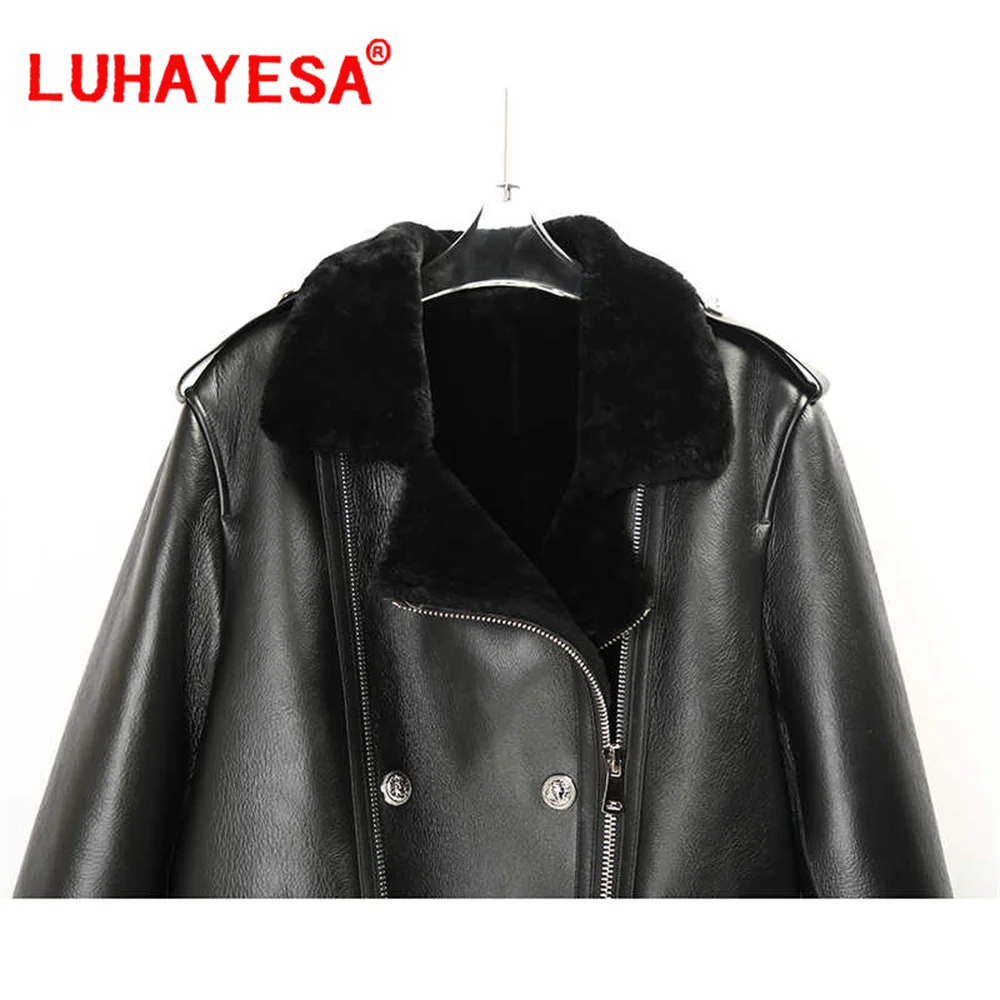 Luhayesa-Veste en peau de mouton mérinos pour femme, vêtements en peau de mouton, noir, cuir véritable, Australie, hiver, 2024