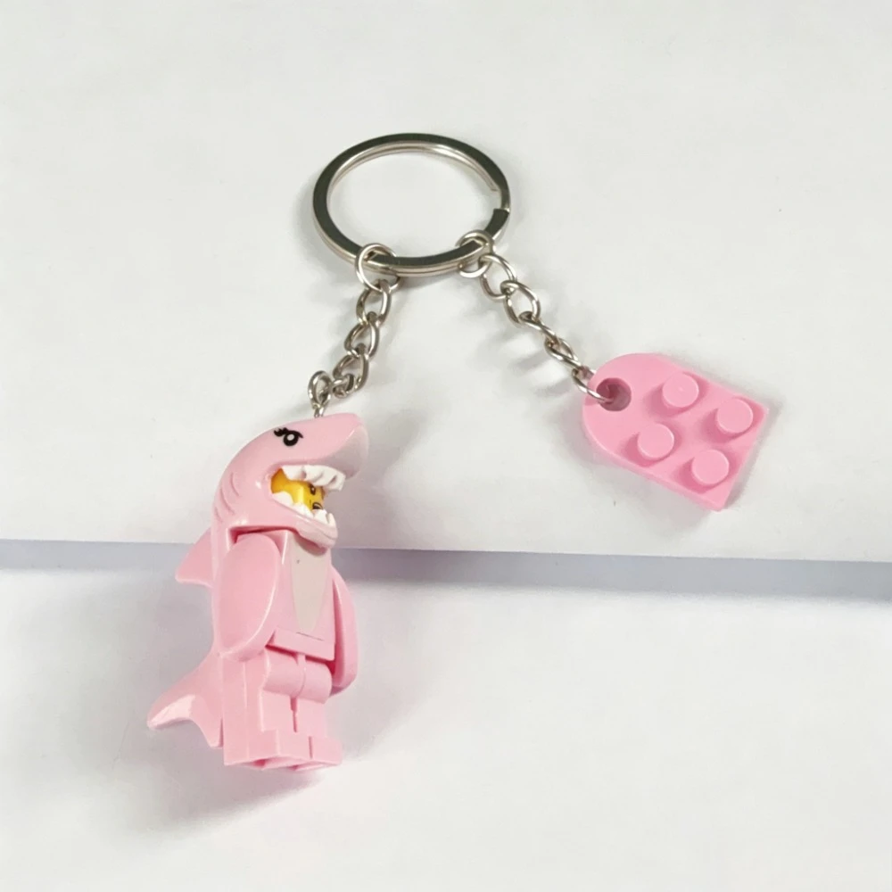Cute Shark Building Block Couple Keychains with Heart Pendants