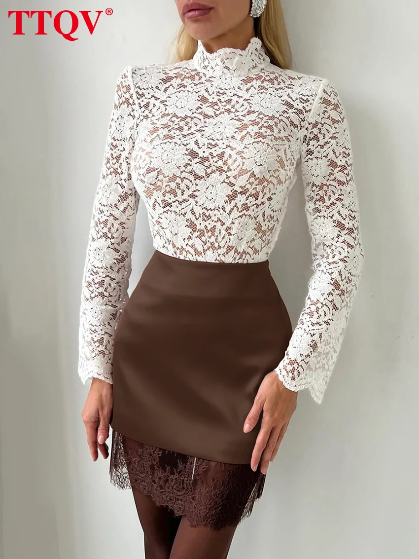 

TTQV Fashion Slim Brown Satin Women Skirt 2026 Spring High Waist Mini Skirt Elegant Classic Lace Spliced Skirts Female Clothing