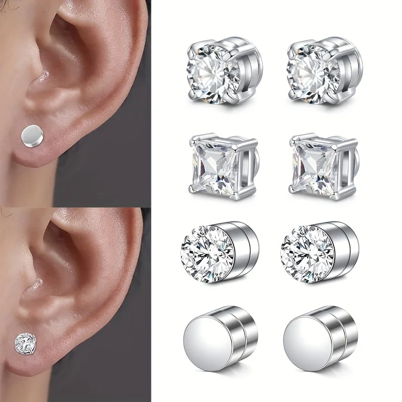 1 Pair Unisex Fashion Stainless Steel Round Zircon Crystal Magnetic Ear Stud Clip Earrings for Men Women Non-Piercing Jewelry