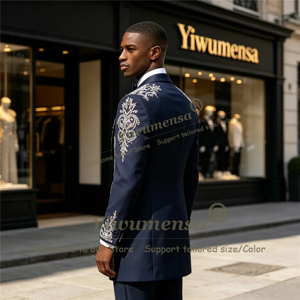 Handmade Crystals Beading Suit Men Customized Single Breasted Prom Blazer Long Formal Wear Groom Wedding Tuxedo Trajes Para Hom