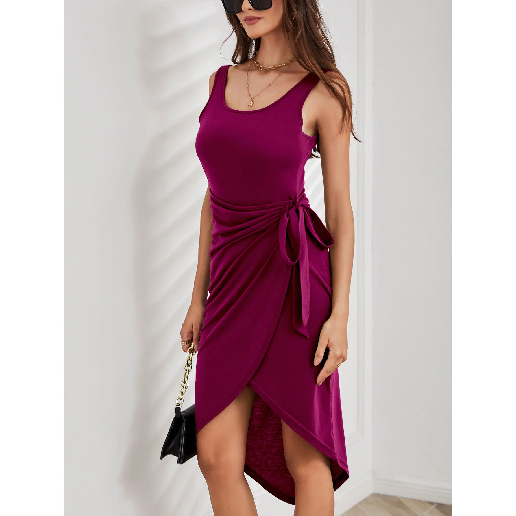 

Women's Fashion Irregular Solid Color Vest Lace Up Midi Dress